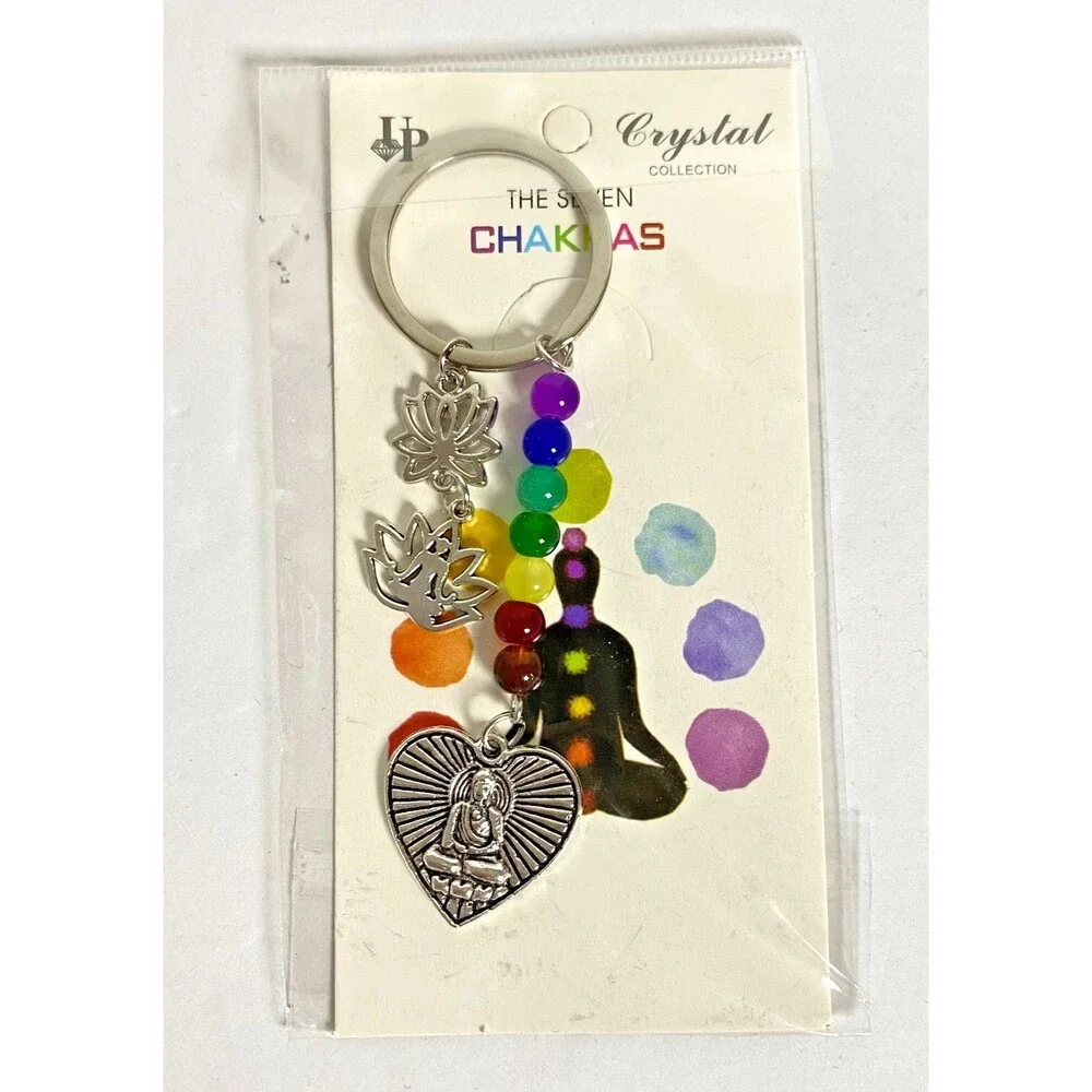 The Seven Chakras Buddha Charm Keychain Multicolor Beads Silver Tone Metal New